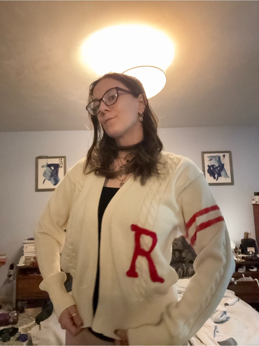 Cream V-Neck Knit Cardigan with Red Varsity 'R'